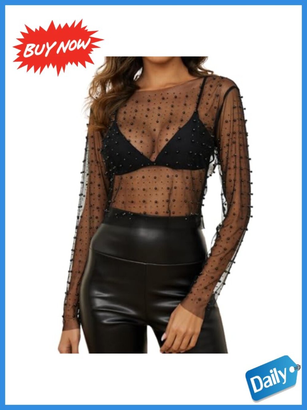 Women Pearl Rhinestone Sheer Mesh Crop Top Long Sleeve Slim Fit Clubwear